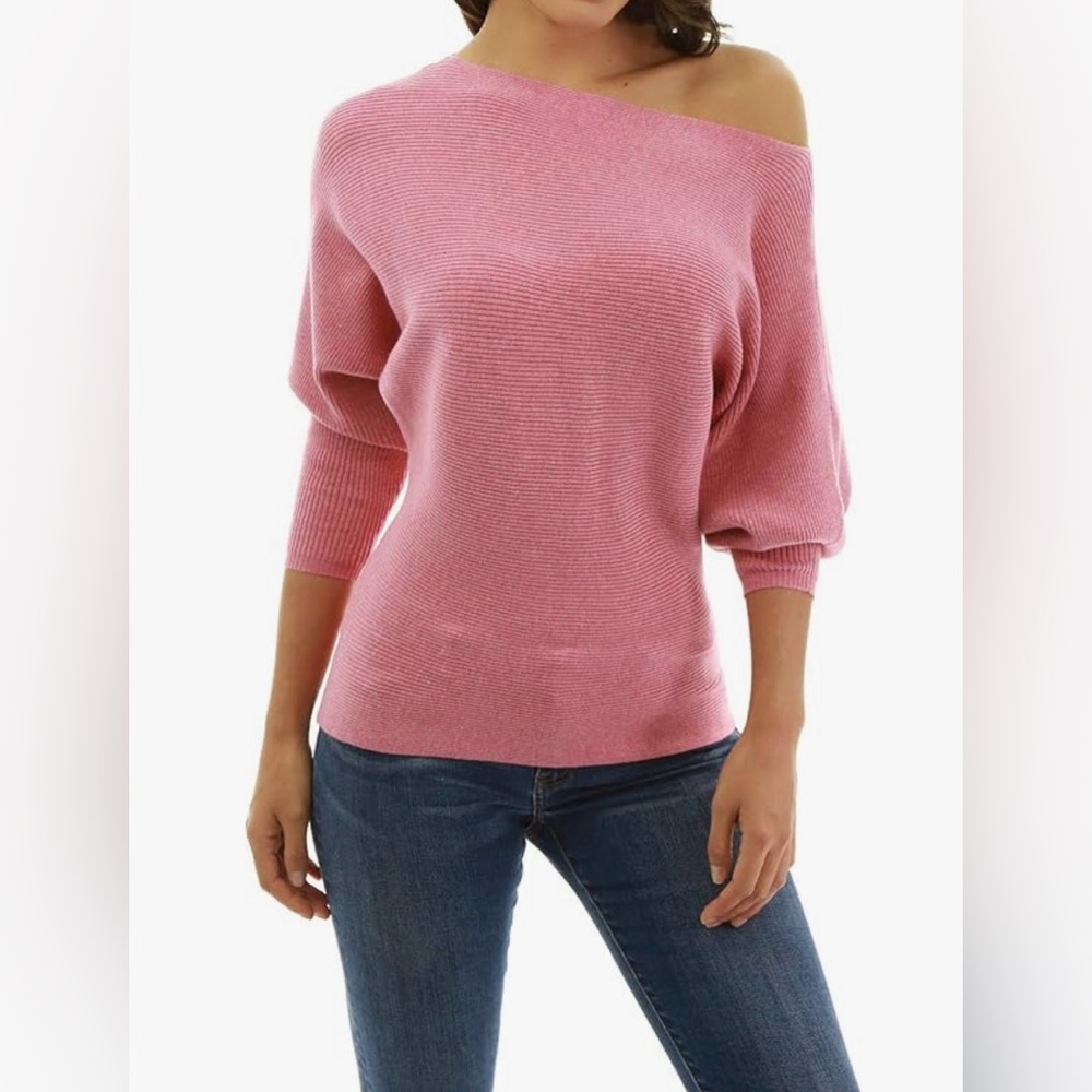 Women One Shoulder Batwing Ribbed Sweater (Pink Small)